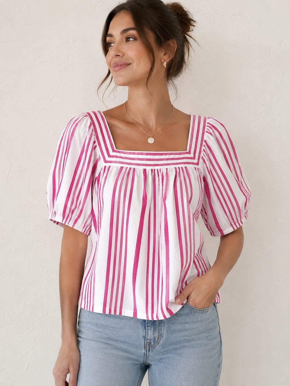 LOFT Pink White Striped Square Neck Puff Sleeve Cotton Blend Blouse Medium